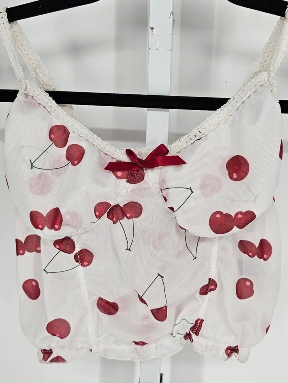 Shein Womens Sz M Y2K Inspired Nightie Pajama Top White Red Cherry Print